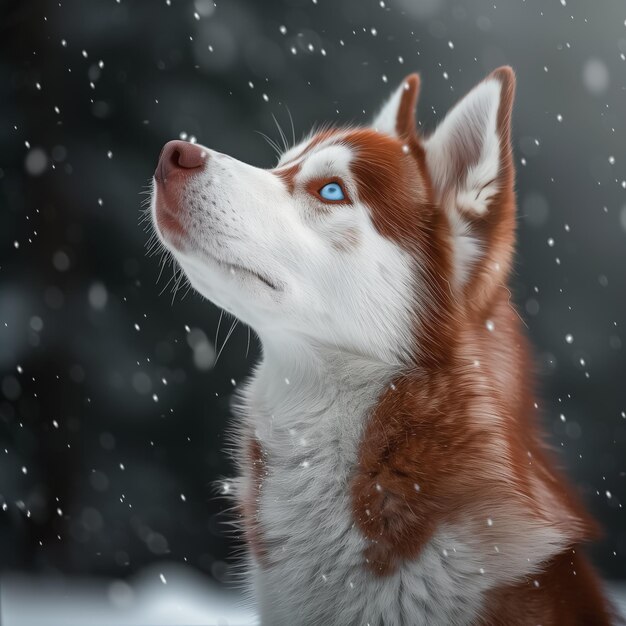 Photo majestic red and white husky in falling snow