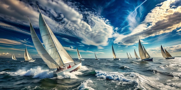 Photo majestic regatta of sailing ships with white sails on high seas aerial view