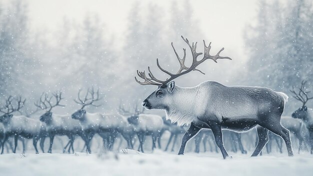 Photo majestic reindeer leads herd across snowy landscape