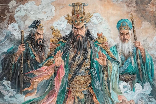 Majestic representation of deities in vibrant robes surrounded by clouds