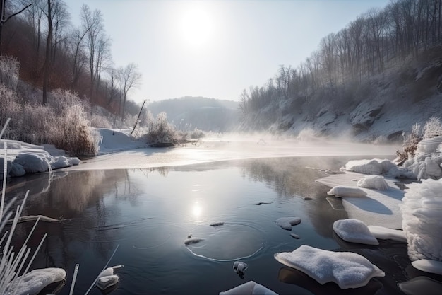 Majestic river frozen in winter covered in snow and ice