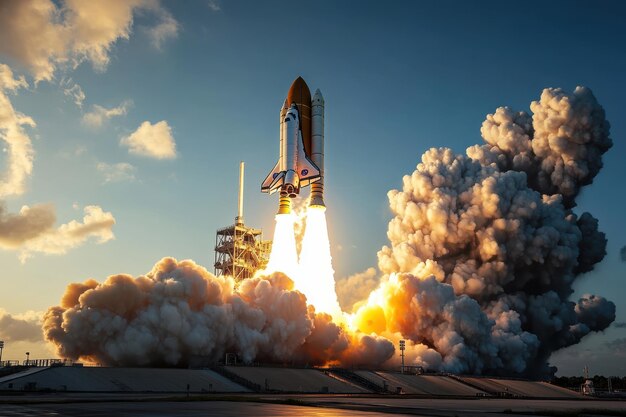 Photo a majestic rocket launches into the blue sky leaving a trail of smoke and flames on a sunny day