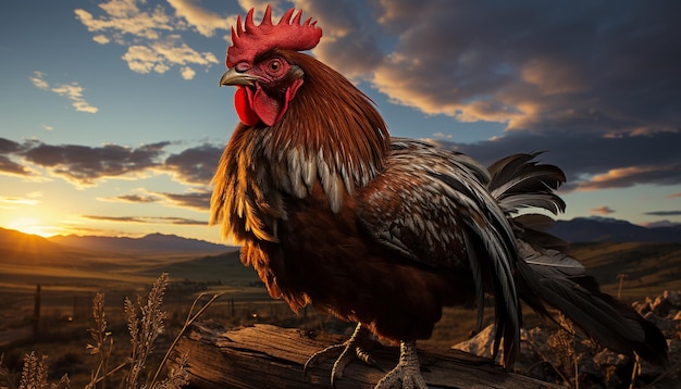 Majestic rooster standing in the meadow sunrise crowing generated by artificial intelligence