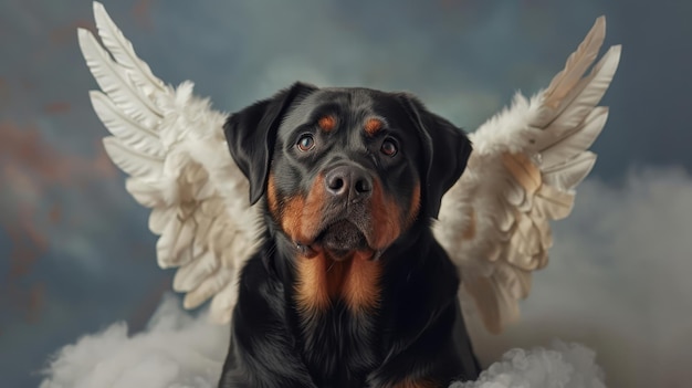 Photo a majestic rottweiler with angel wings symbolizing grace and strength amidst a dreamy cloud backdrop