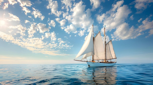 Photo majestic sailboat on calm ocean under blue sky and white clouds