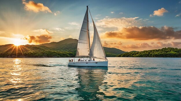 Photo a majestic sailboat glides on blue waters white sails full as a warm sunset glows on the horizon