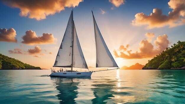 Photo a majestic sailboat glides on blue waters white sails full as a warm sunset glows on the horizon