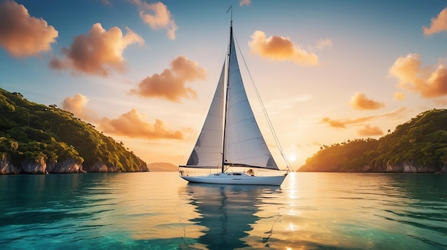 Photo a majestic sailboat glides on blue waters white sails full as a warm sunset glows on the horizon