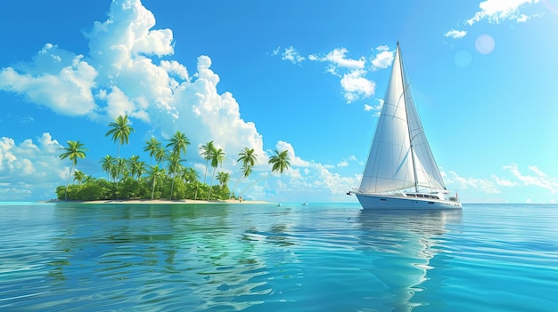 A majestic sailboat gracefully cruises through the ocean with a serene small island in the backgroun