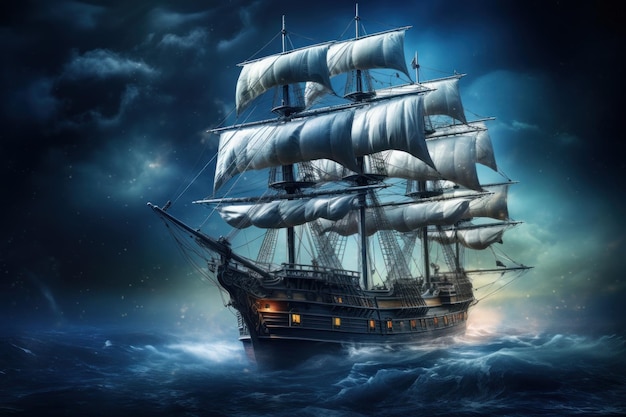 Majestic sailing ship bravely navigating through turbulent stormy seas under a moonlit sky evoking