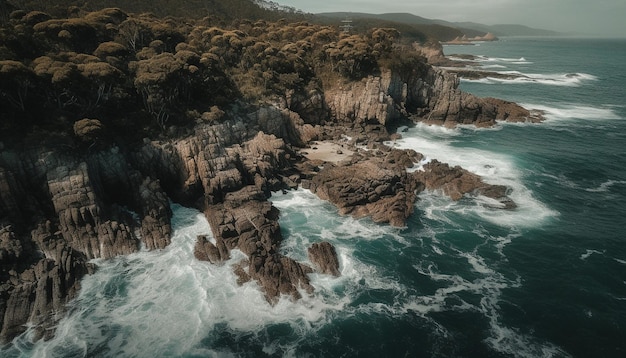 Majestic sandstone cliff breaks wave at waters edge generated by AI