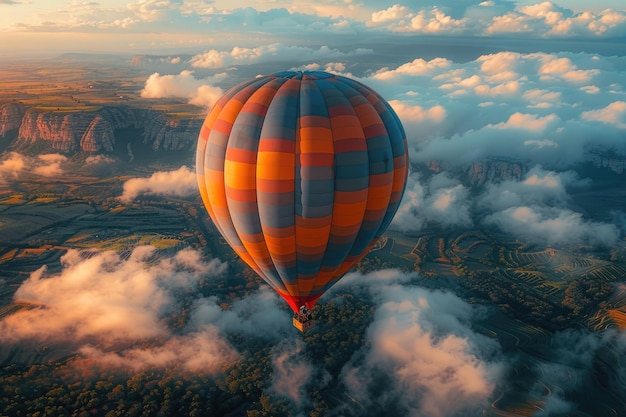 Photo majestic scene a beautiful hot air balloon drifting over a marvellous picturesque landscape unique perspective on worlds beauty vibrant colors serene surroundings into a mesmerizing spectacle