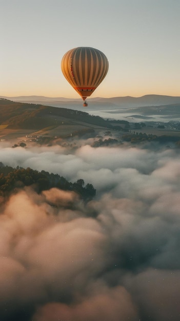 Majestic scene A beautiful hot air balloon drifting over a marvellous picturesque landscape unique perspective on worlds beauty vibrant colors serene surroundings into a mesmerizing spectacle