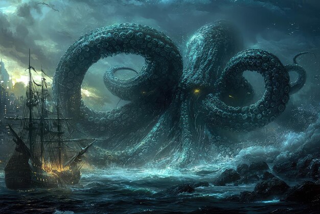 Photo a majestic sea monster rises from the depths capturing the power and mystery of the ocean in a breathtaking scene