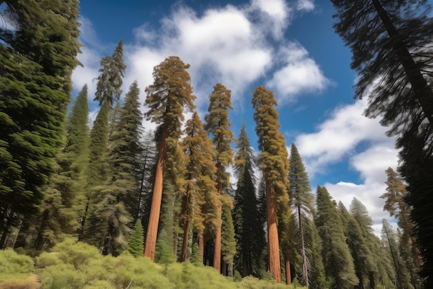 Majestic sequoia grove with clear blue sky and fluffy clouds above