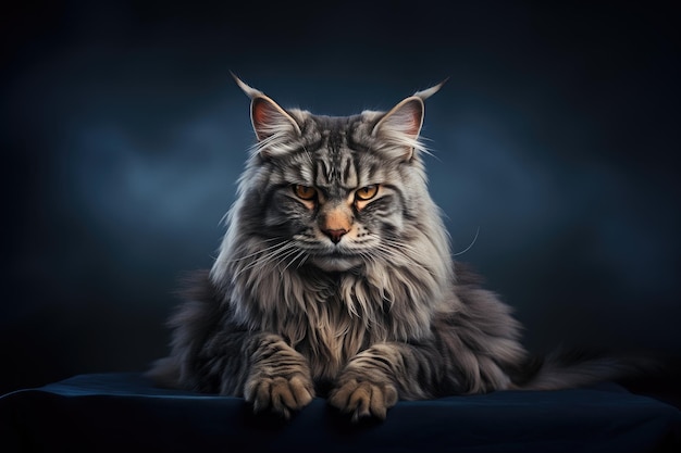 Majestic serious adult Maine Coon cat laying looking at camera on dark blue background