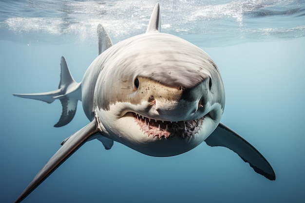 Majestic shark swimming towards camera in crystal clear water on white backdrop captivating gaze