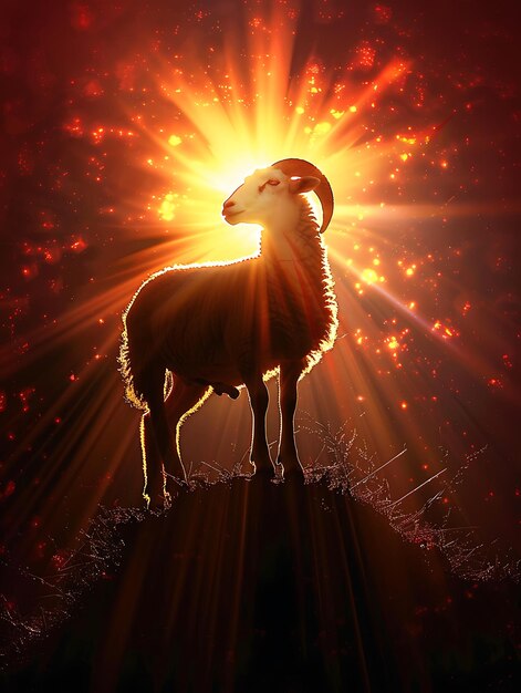 Majestic sheep illuminated by golden rays standing on a hill in a dramatic glowing scene