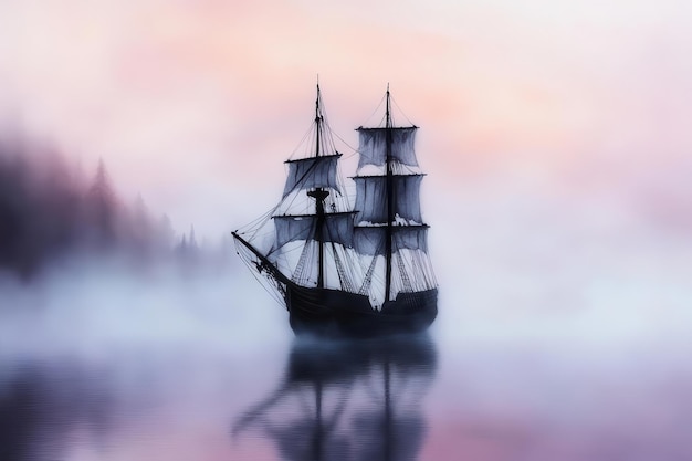 A majestic ship navigates through a serene foggy landscape embodying adventure and mystery in tranquil waters