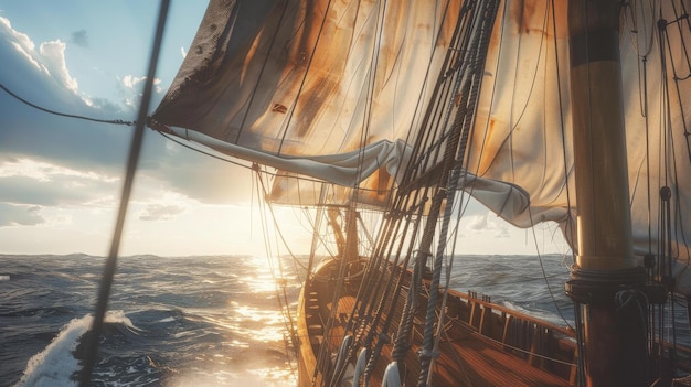 A majestic ship sails through choppy waters during sunset its billowing sails catching the golden light evoking a sense of adventure and freedom