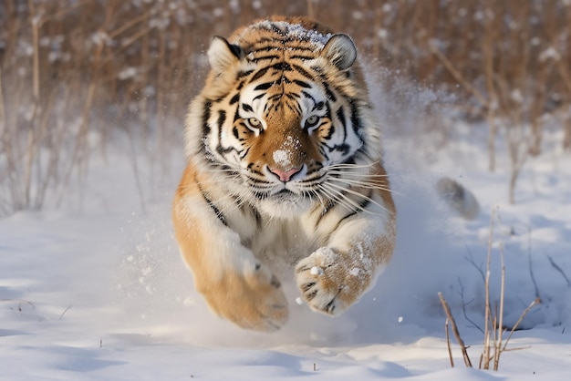 Majestic Siberian Tiger Running in Snow Created with generative AI tools