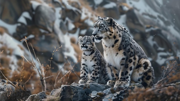 Majestic Snow Leopard Mother and Cub Resting on Rocky Outcrop in Snowy Mountains