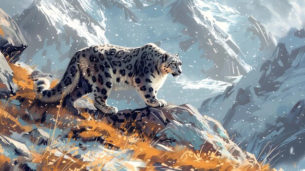 Majestic Snow Leopard Prowling in Rugged Mountain Habitat Endangered Wildlife Conservation