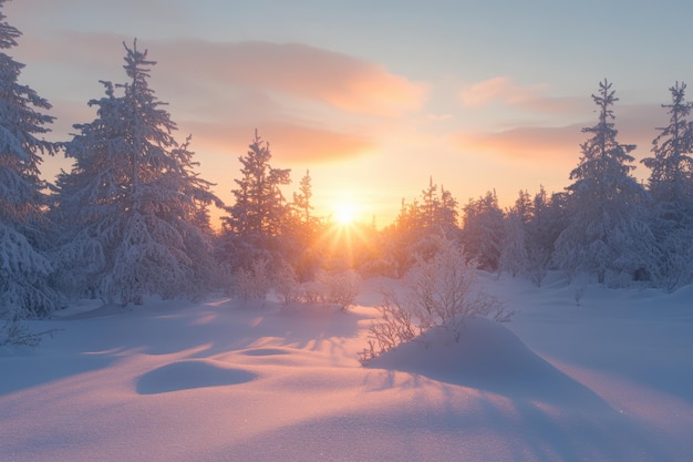 Majestic snowy landscape at sunrise with trees and gentle shadows in a tranquil winter setting