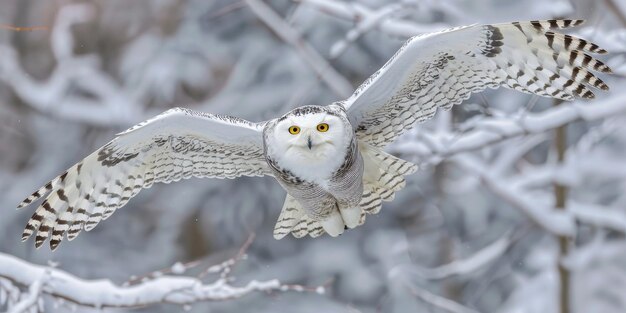 Photo a majestic snowy owl in flight showcasing its stunning white feathers against a serene winter landsc