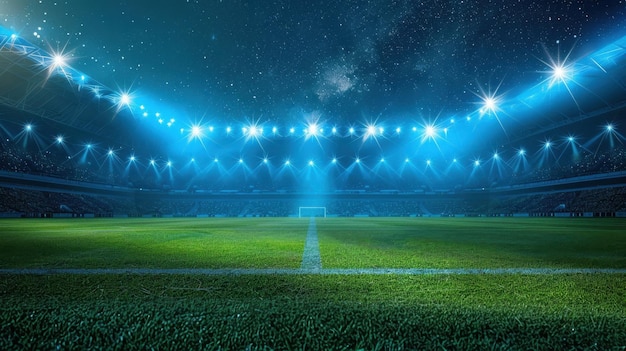 A majestic sports stadium with a lush green grass field illuminated by vibrant blue spotlights at night The sky above is clear dotted with stars creating a magical ambiance for a sports