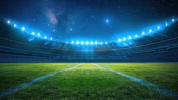 A majestic sports stadium with a lush green grass field illuminated by vibrant blue spotlights at night The sky above is clear dotted with stars creating a magical ambiance for a sports