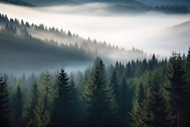 Majestic spruce forest with rolling fog and mist on the horizon