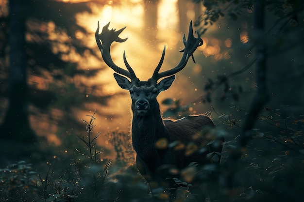 Majestic stag in enchanted forest at sunset