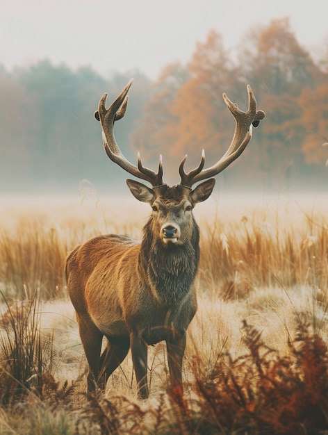 Majestic Stag in Misty Autumn Landscape Natures Serenity and Wildlife Beauty