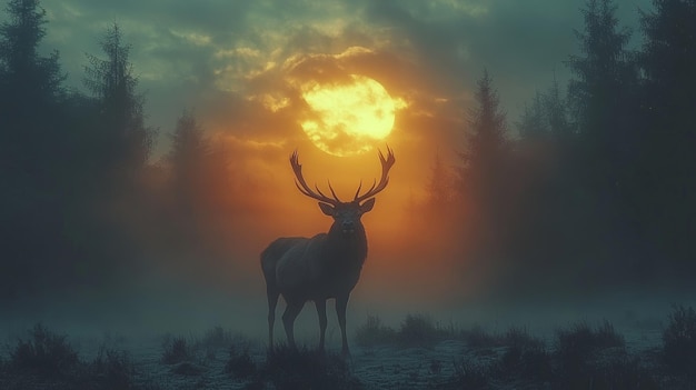 Photo majestic stag on misty morning at sunrise