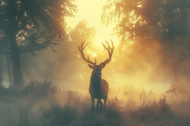 Photo majestic stag in misty sunrise forest