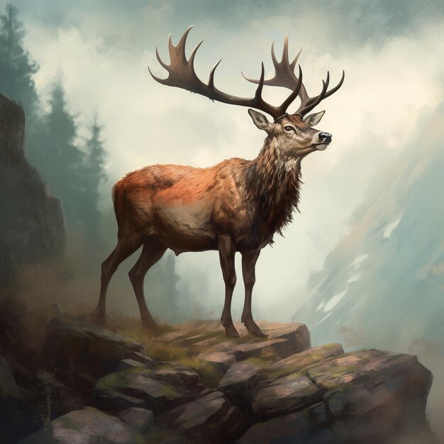 Photo a majestic stag standing proudly on a rocky cliff its antlers reaching towards the sky like a crown