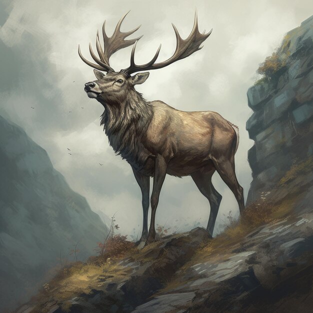 Photo a majestic stag standing proudly on a rocky cliff its antlers reaching towards the sky like a crown