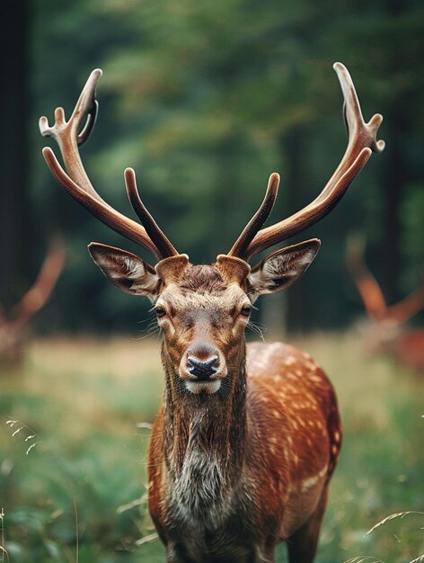 Majestic Stag with Antlers in Lush Green Forest Setting