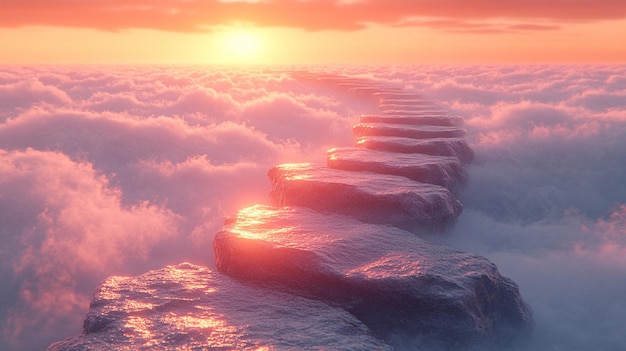 Photo majestic stairway ascends through ethereal evening clouds evoking a serene and heavenly atmosphere