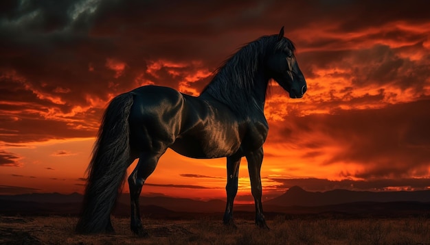 Majestic stallion grazes in tranquil meadow at dusk generated by AI