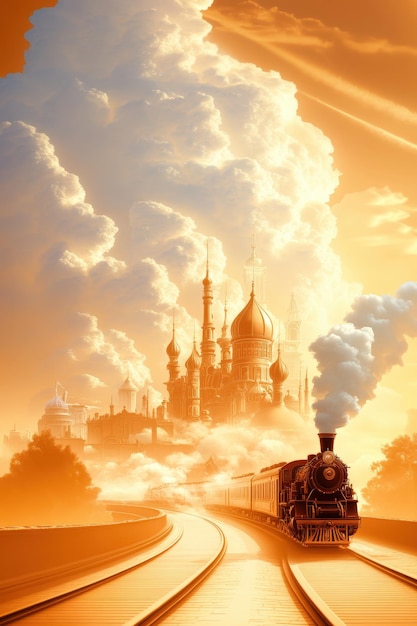 A majestic steam train journeys through golden clouds toward an enchanting castle at sunset