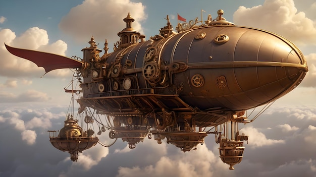 Majestic Steampunk Airship Soaring Through Cloudy Skies