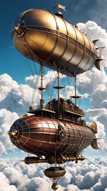 Photo a majestic steampunk airship soaring through fluffy clouds against a bright blue sky