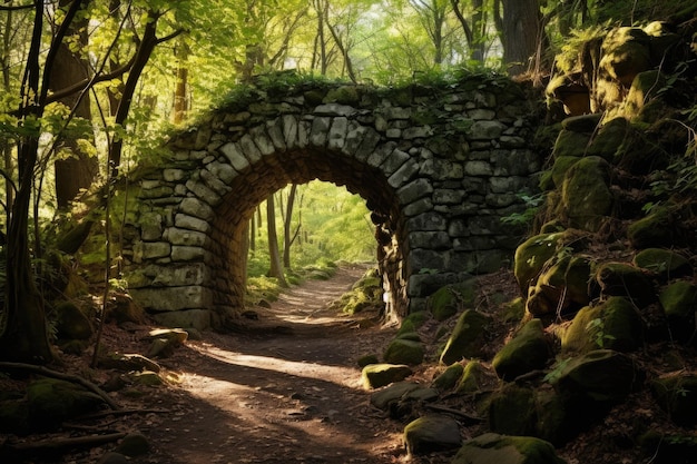 A majestic stone arch gracefully stands amidst the dense foliage of a picturesque forest A sundappled forest path leading to a mysterious stone arch AI Generated