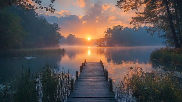 Photo majestic sunrise over a calm lake golden hour tranquil reflections daybreak serenity