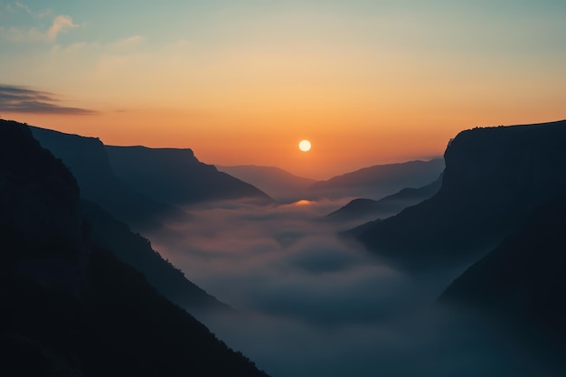 Photo majestic sunrise over misty mountains in a serene valley at dawn