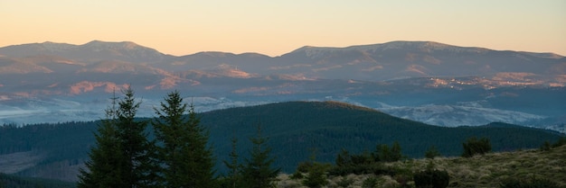 Majestic sunrise in the mountains landscape . Dramatic scene. Carpathian, Ukraine, Europe. Sunrise in the mountains.  Instagram toning effect. Purple sunrise in the mountains