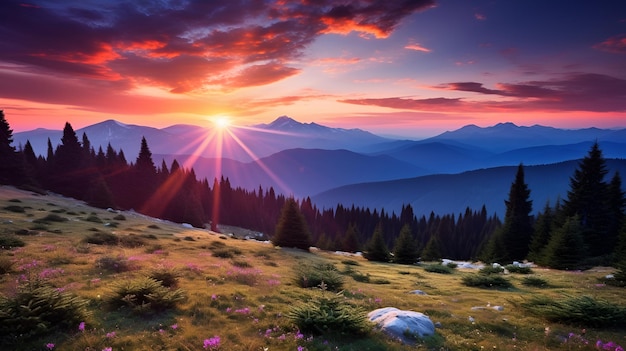 Majestic sunrise over snowcapped mountains in summer Majestic sunrise snowcapped mountains summer