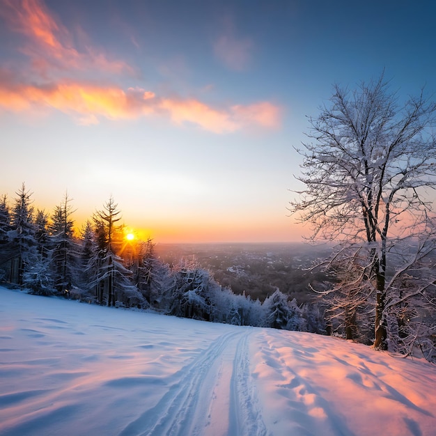 Photo majestic sunrise in the winter mountains landscape sunset in the wood in winter period